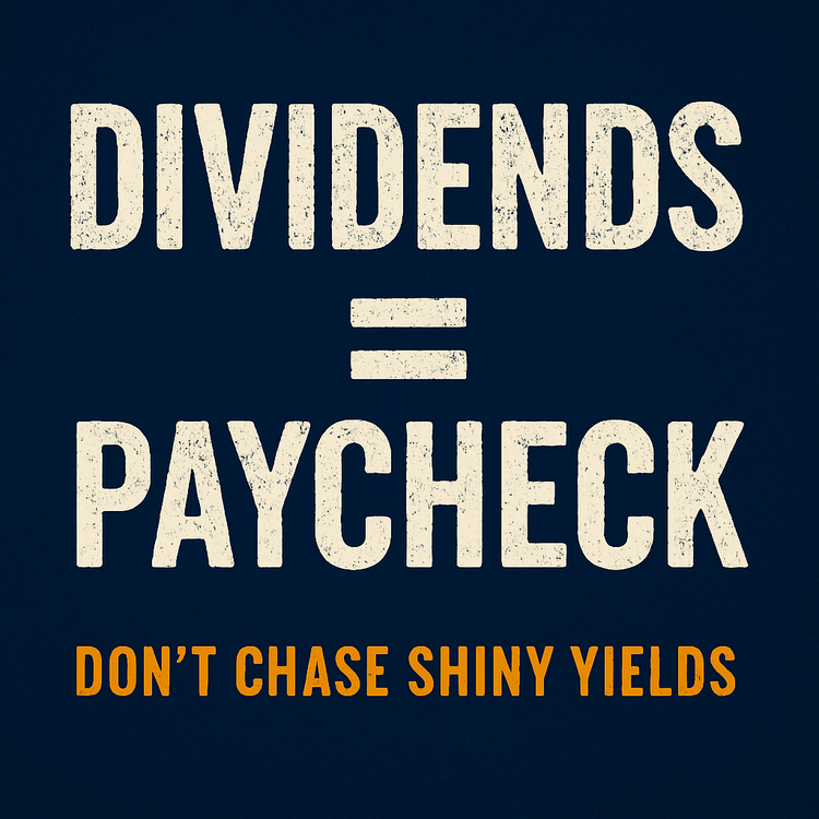 Dark navy poster with distressed white text reading “DIVIDENDS = PAYCHECK” and a small tagline at the bottom.