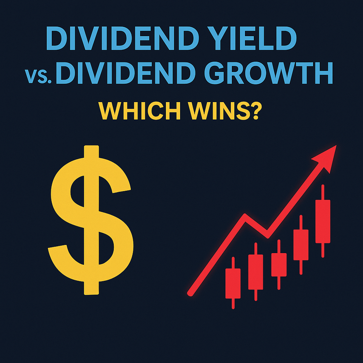 Yellow dollar sign for dividend yield and red candlestick chart for dividend growth on dark navy background.