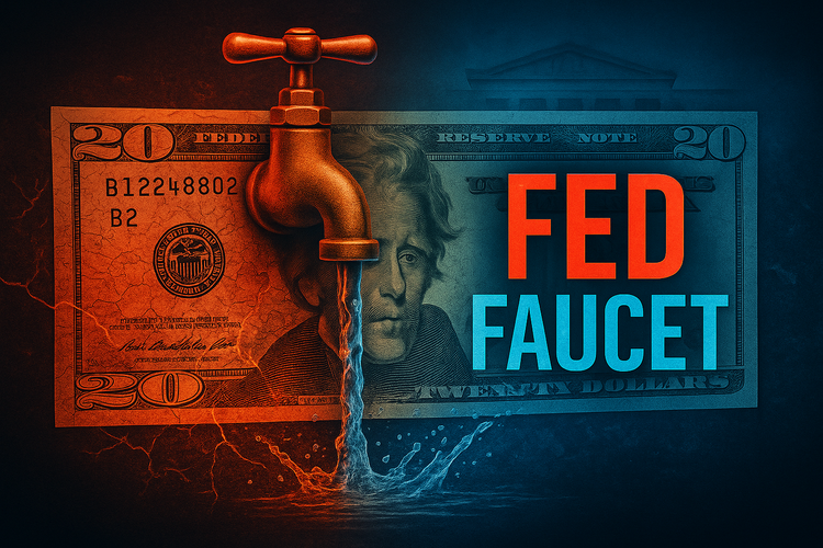 Illustration of a twenty-dollar bill with a faucet in the center, one side glowing red and cracked, the other glowing blue with water pouring out, symbolizing monetary policy.