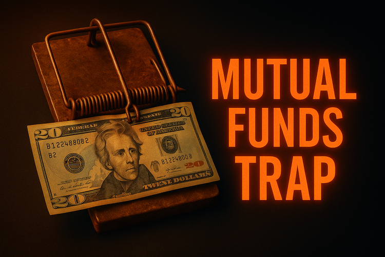 Illustration of a $20 bill caught in a rusty mousetrap, with glowing red-orange text reading “Mutual Funds Trap” on a dark background.