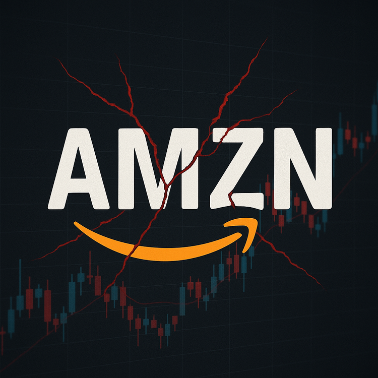 Amazon logo over candlestick stock chart showing downward trend, symbolizing valuation pressure and investment risk.