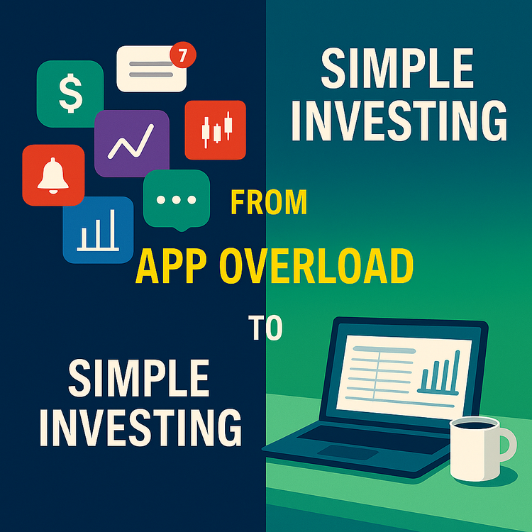 Split graphic showing app overload on the left and a clean, minimalist investing setup on the right.