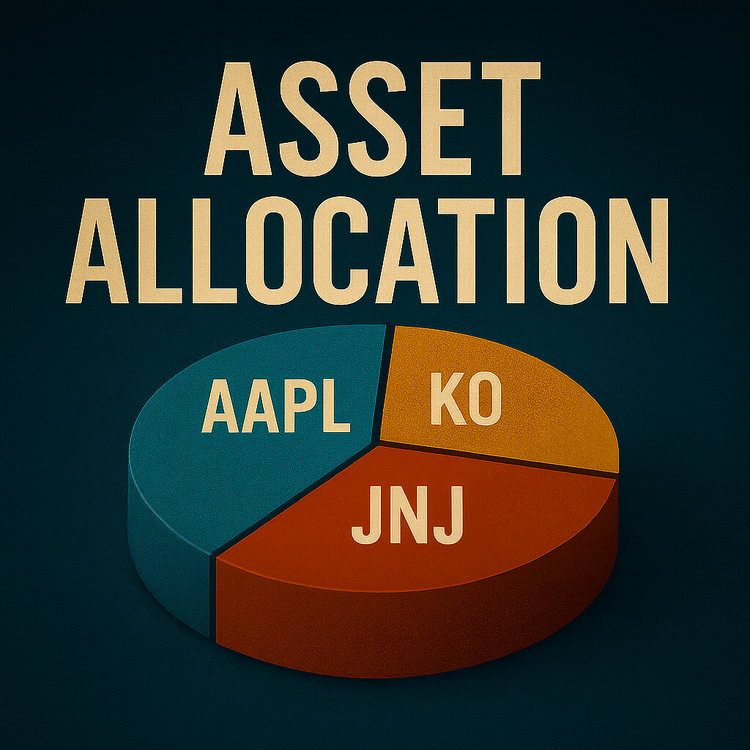 Graphic of asset allocation pie chart with stock tickers AAPL, JNJ, and KO. Text reads Asset Allocation with ‘Asset’ in red and ‘Allocation’ in blue on a dark navy background.