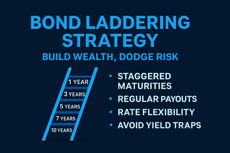 Dark blue graphic with light blue title “Bond Laddering Strategy” and a ladder labeled with 1–10 year maturities beside bullet points on benefits.
