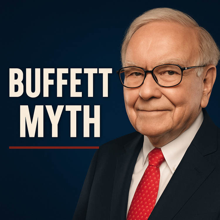 Dark navy gradient thumbnail with Warren Buffett on the right in a suit and red tie, bold white text on the left reading ‘BUFFETT MYTH,’ and a thin red line accent beneath the title.