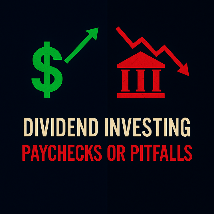 Graphic split with cash and upward arrow on left, cracked piggy bank with downward arrow on right, text “Dividend Investing – Paychecks or Traps