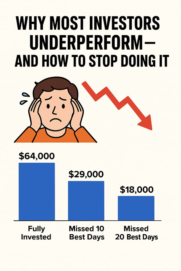 Illustration of a worried investor with a red downward arrow and bar chart showing $64,000 fully invested, $29,000 missing 10 best days, $18,000 missing 20 best days.