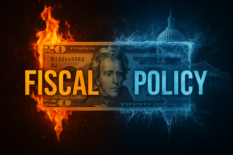 Twenty-dollar bill split between flames and ice with U.S. Capitol in the background, symbolizing fiscal policy as government spending versus austerity