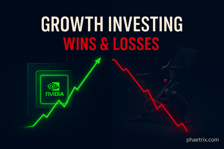 Growth investing wins and losses comparison chart showing Nvidia stock rising with green arrow versus declining stocks with red arrow on dark financial background