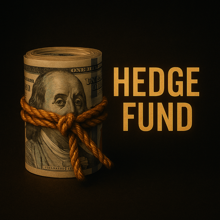 Dark navy thumbnail with a glowing roulette wheel made of dollar bills, bold orange text reading “Hedge Funds.”