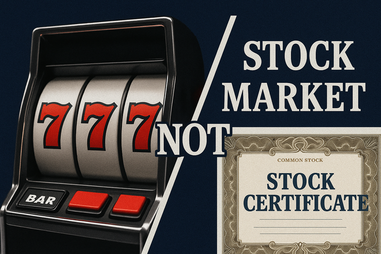 Split image with a slot machine crossed out on the left and bold text “STOCK MARKET = OWNERSHIP” on the right, highlighting that investing is not gambling.