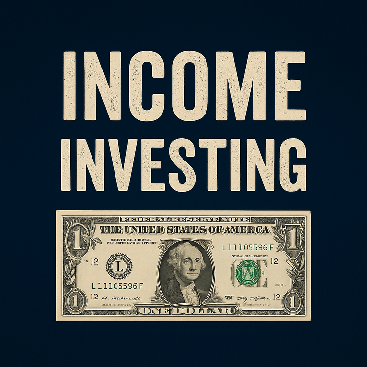 Poster design with bold cream lettering reading 'INCOME INVESTING' above a realistic U.S. one-dollar bill on a dark navy backgroun
