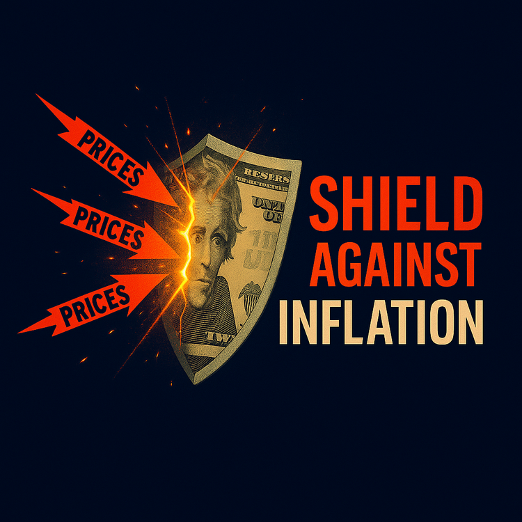 A twenty-dollar bill glowing as a shield with green and gold aura. Fiery red arrows labeled 'Prices' smash into it, sparks flying. Text reads: Shield Against Inflation.