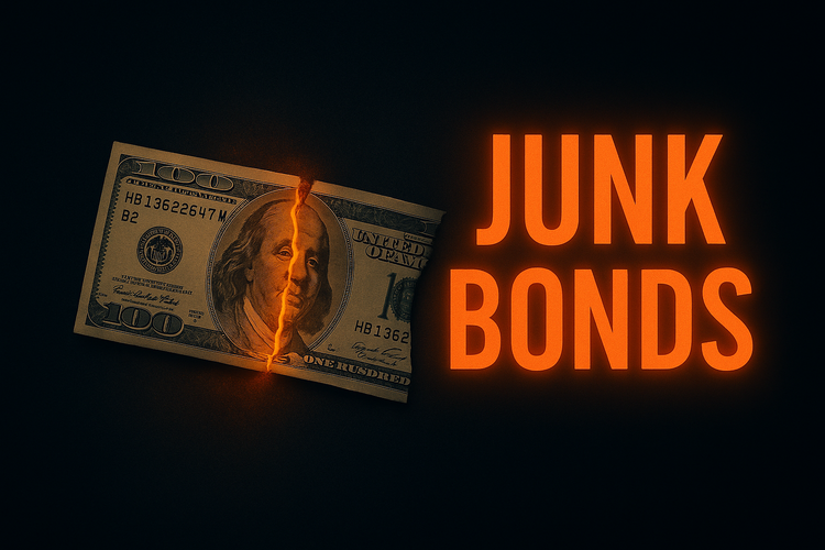Dark navy thumbnail with a cracked $100 bill glowing with red fissures, bold text reading “Junk Bonds.”