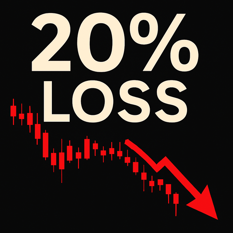Stock market chart with red candlesticks crashing downward and a bold red arrow, overlaid with the words ‘20% LOSS