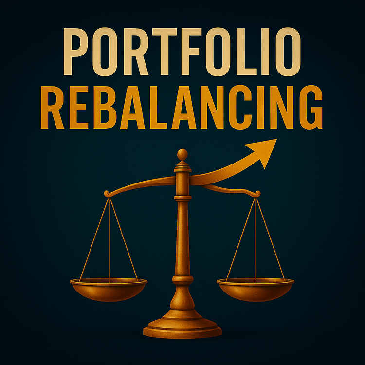 Graphic of a tilted scale with bold text “Portfolio Rebalancing” and an upward swooping arrow on a dark navy background, symbolizing keeping investments in balance.