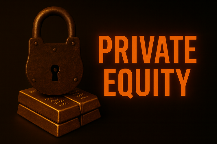 Dark navy thumbnail with a glowing Monopoly-style house on stacks of dollar bills, bold orange text reading “Private Equity.”