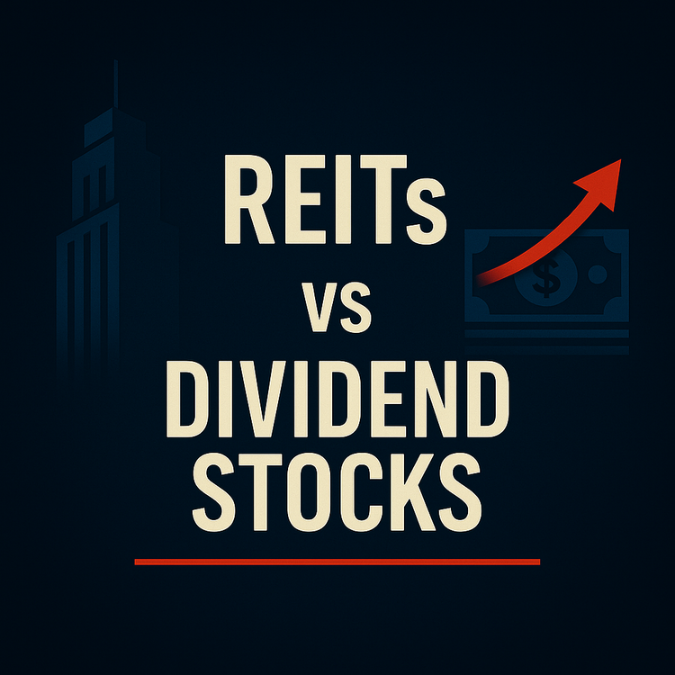 Dark navy feature image with skyscraper vs cash stack, text “REITs vs Dividend Stocks.