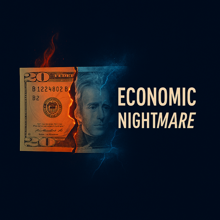 twenty-dollar bill split in two: the left side burning in flames, the right side frozen in ice with cracks. Text reads: Economic Nightmare.