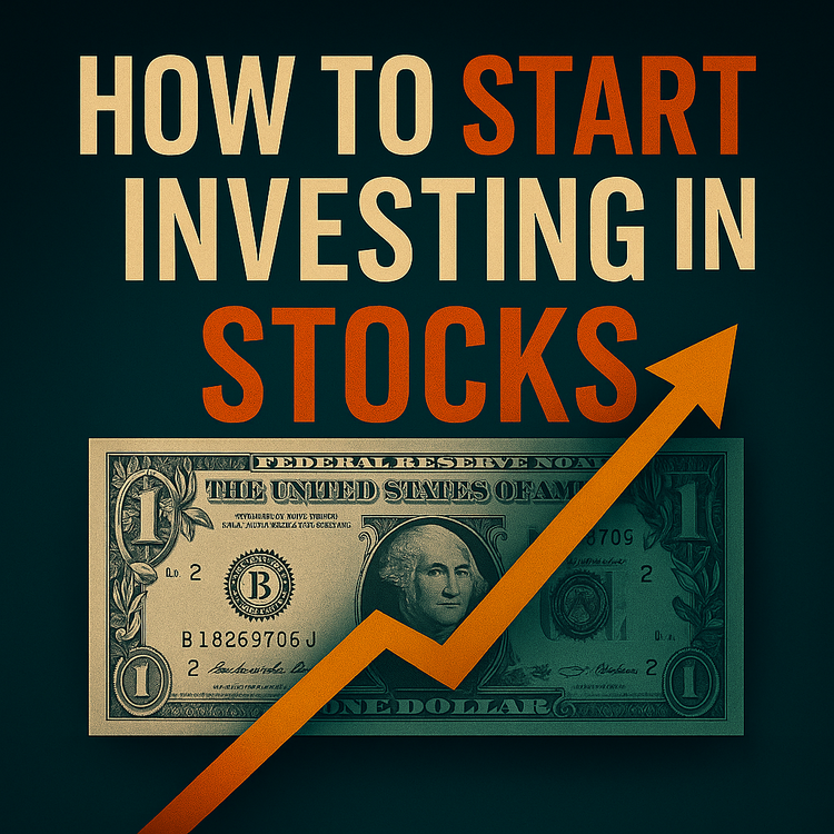 Digital graphic with bold text “Start Investing Stocks,” showing a central stock certificate with coins reinvesting into it, symbolizing DRIP and beginner investing.