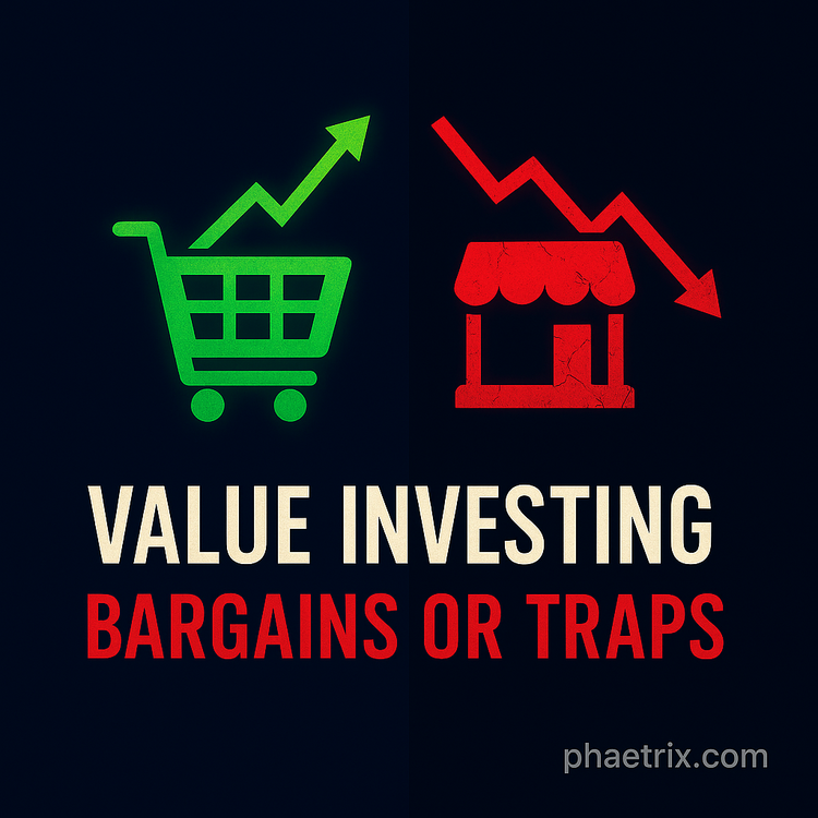 Split-screen graphic with a green shopping cart and rising stock line on the left, and a red storefront with a falling line on the right, symbolizing value investing bargains versus traps