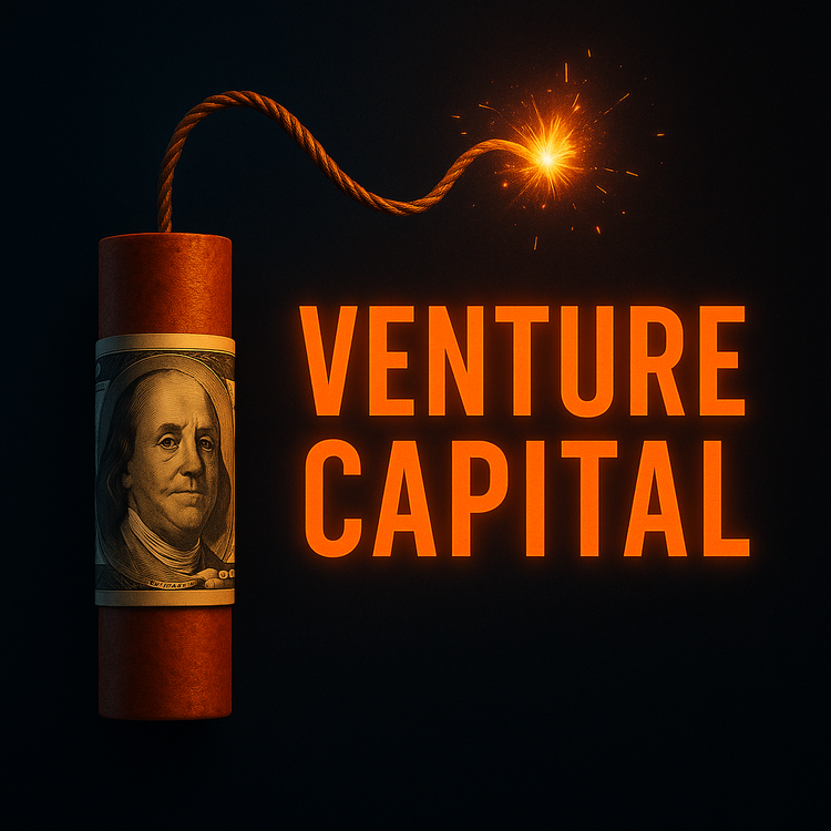 Dark navy thumbnail with a glowing orange rocket made of dollar bills launching upward, bold text reading “Venture Capital.”