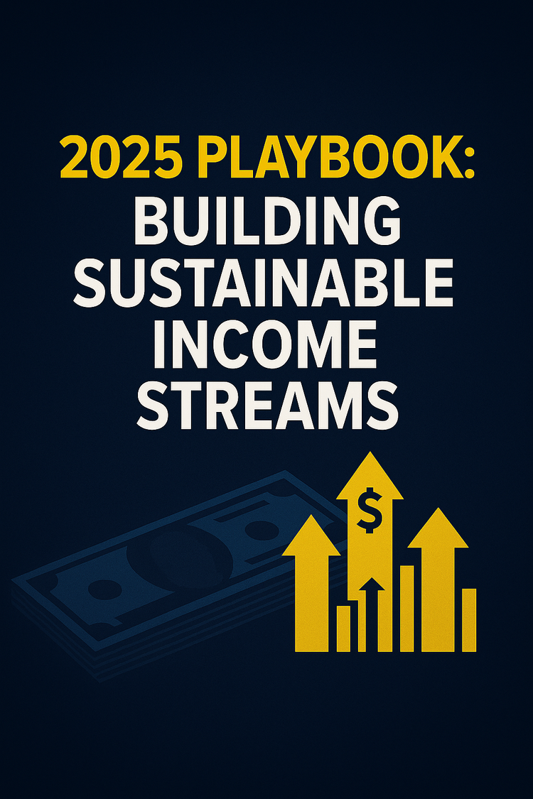 Bold graphic with the words “2025 Income Playbook” in white on a midnight-blue background, with flowing dollar icons forming a stream to symbolize steady income.