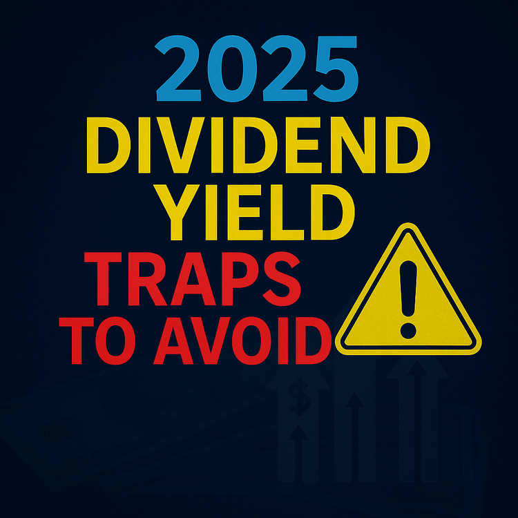 Bold graphic with the words “2025 Dividend Yield Traps” in white on a midnight-blue background, featuring a cracked red percentage symbol to represent risky high yields
