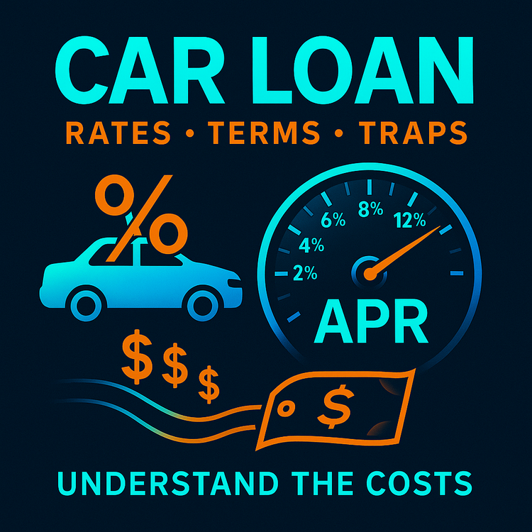Dark-blue thumbnail with bold “CAR LOAN” title, car silhouette, percent sign, and a 48–60 mo term bar.