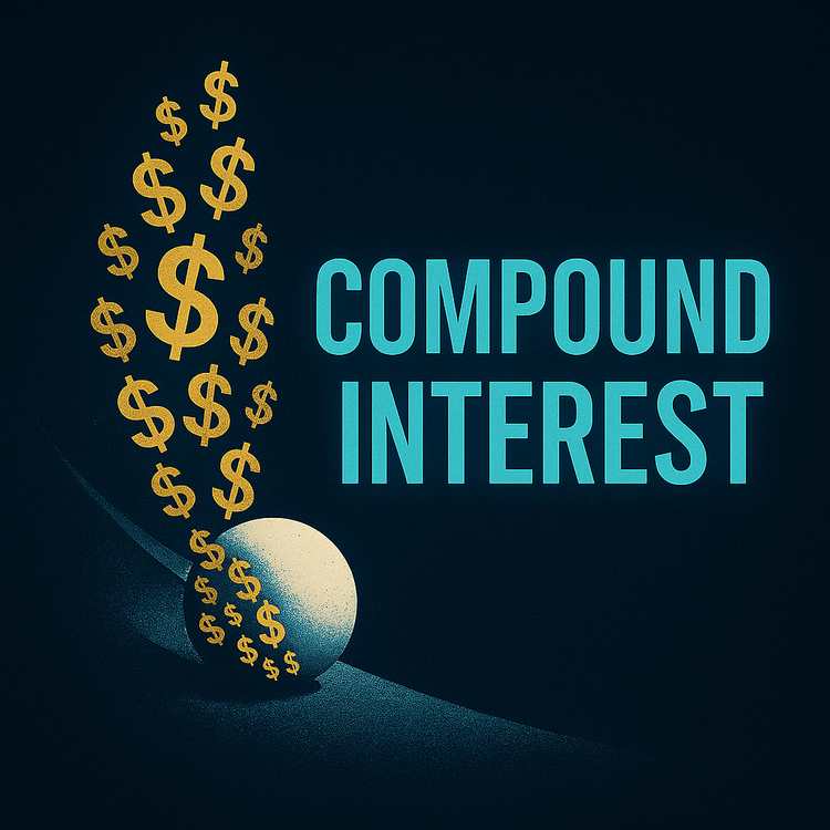 A large snowball rolling downhill with dollar signs embedded, symbolizing compound interest multiplying wealth over time
