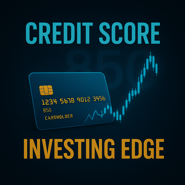 Illustration of a glowing credit card blending into a rising stock chart with the words “CREDIT SCORE INVESTING EDGE” on a dark background.