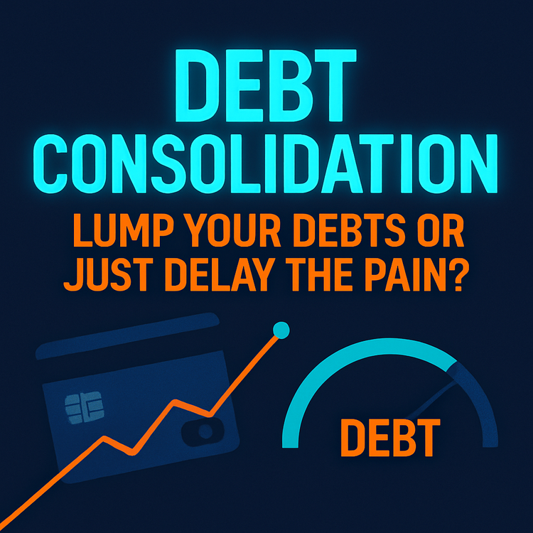 Dark-blue thumbnail with bright “DEBT CONSOLIDATION,” orange subhead, card icon, and a debt gauge.