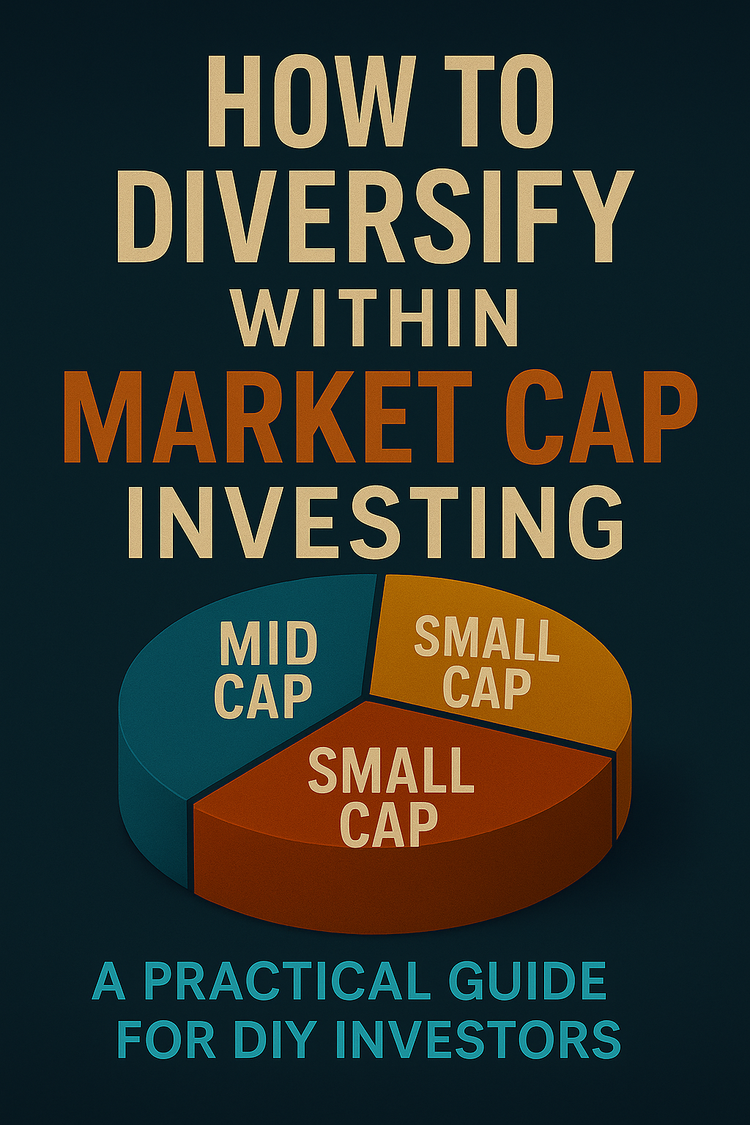Pie chart illustrating diversification across large-cap, mid-cap, and small-cap stocks, with bold title “How to Diversify Within Market Cap Investing: A Practical Guide for DIY Investors.