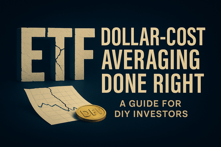 Illustration of dollar-cost averaging. Coins stack up one by one along a rising stock chart on a dark navy background.