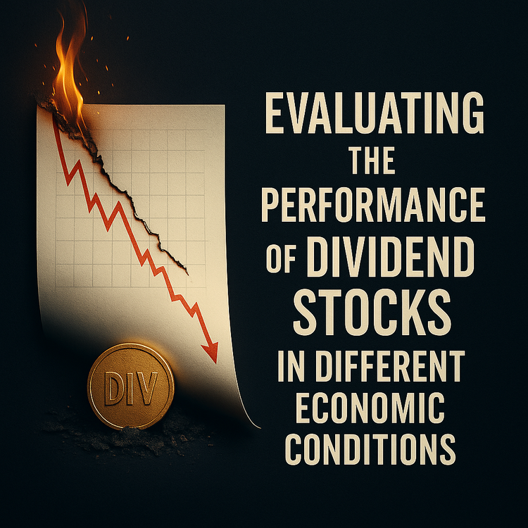 Split illustration of dividend stock performance. On the left, a booming economy with green arrows and rising coin stacks.