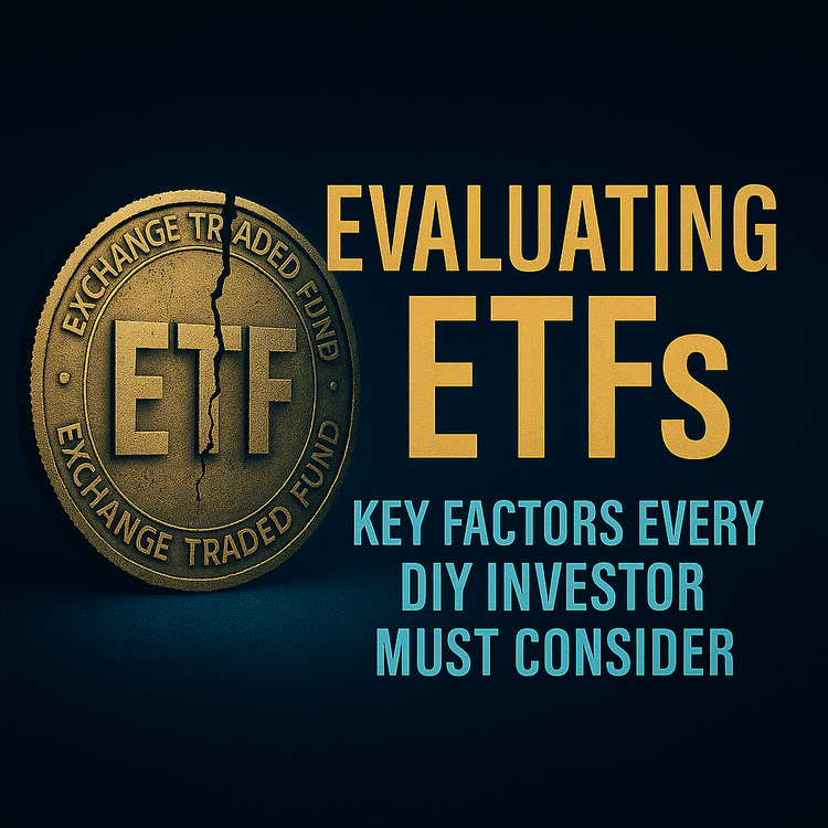 Dark blue financial thumbnail with a cracked gold ETF coin on the left and bold yellow text reading “Evaluating ETFs.” Subhead in turquoise says “Key Factors Every DIY Investor Must Consider"