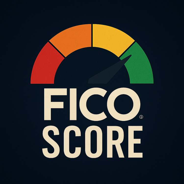 A credit score gauge from red to green with bold text reading 'FICO Score'.