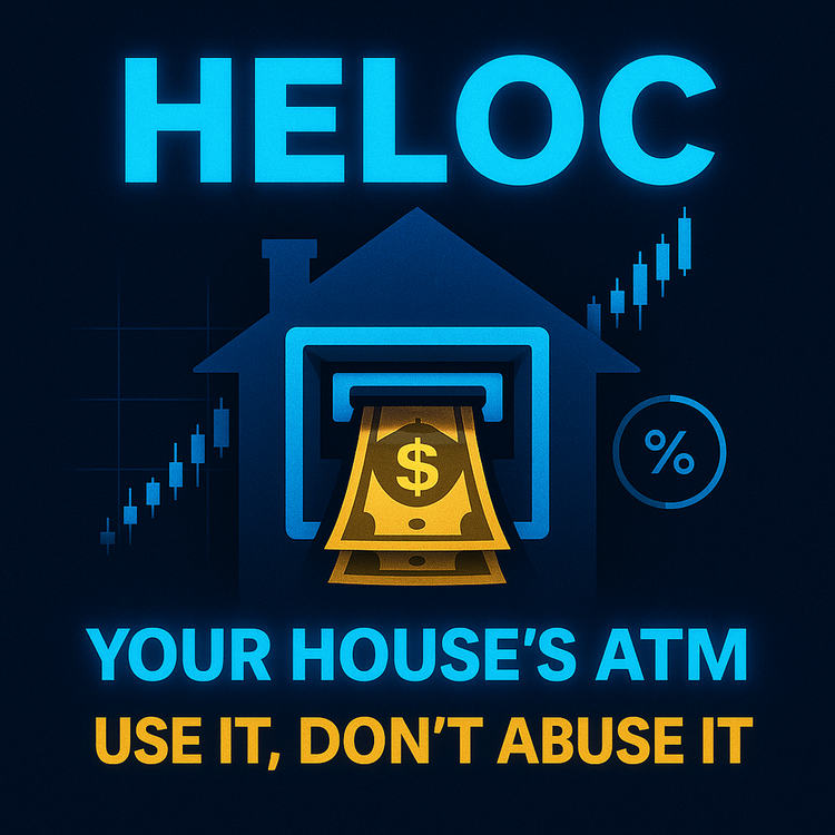 Dark blue cover with glowing title “HELOC: Your House’s ATM,” a house illustrated as an ATM with a card sliding in, prime-rate gauge, and a rising candlestick chart.