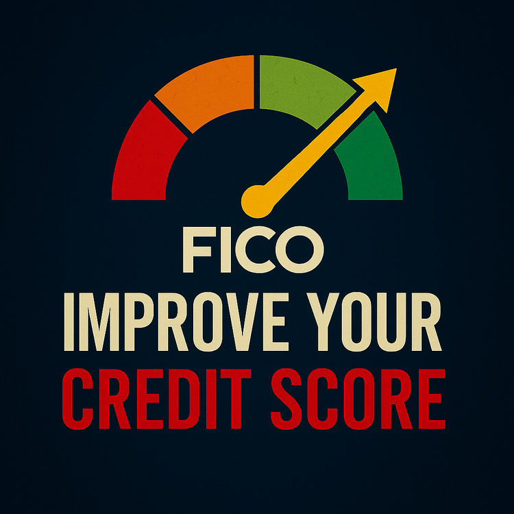 A credit score gauge shifting from red to green with bold text reading 'Improve Your Credit Score'.