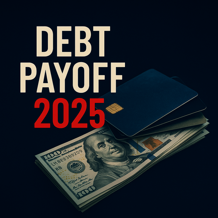 Dark blue background with bold text 'Debt Payoff 2025' and a stack of credit cards and cash