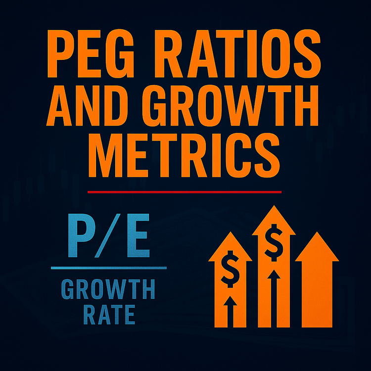Thumbnail with bold text reading “PEG RATIOS AND GROWTH METRICS” on a dark navy background, red underline, and subtle candlestick chart.