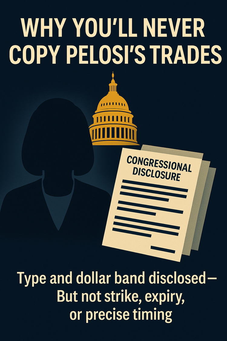 Copying Pelosi’s Trades thumbnail with headline text, gold subtext, and redacted disclosure forms