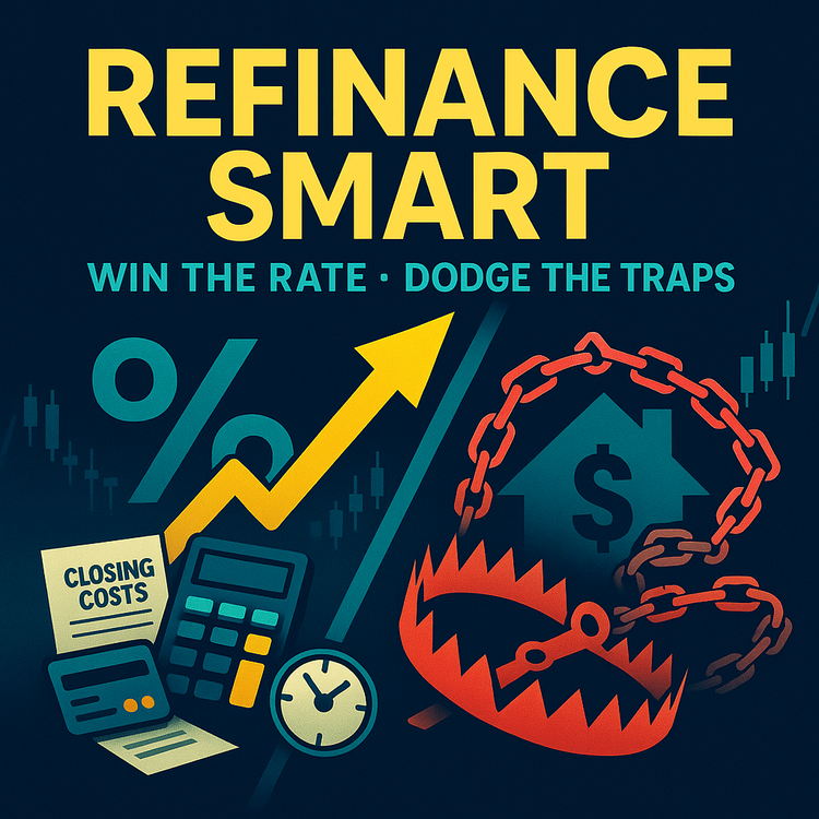 Dark blue cover with glowing “Refinance Smart” title; scissors cutting a % sign above a house, break-even calculator, and a candlestick chart.