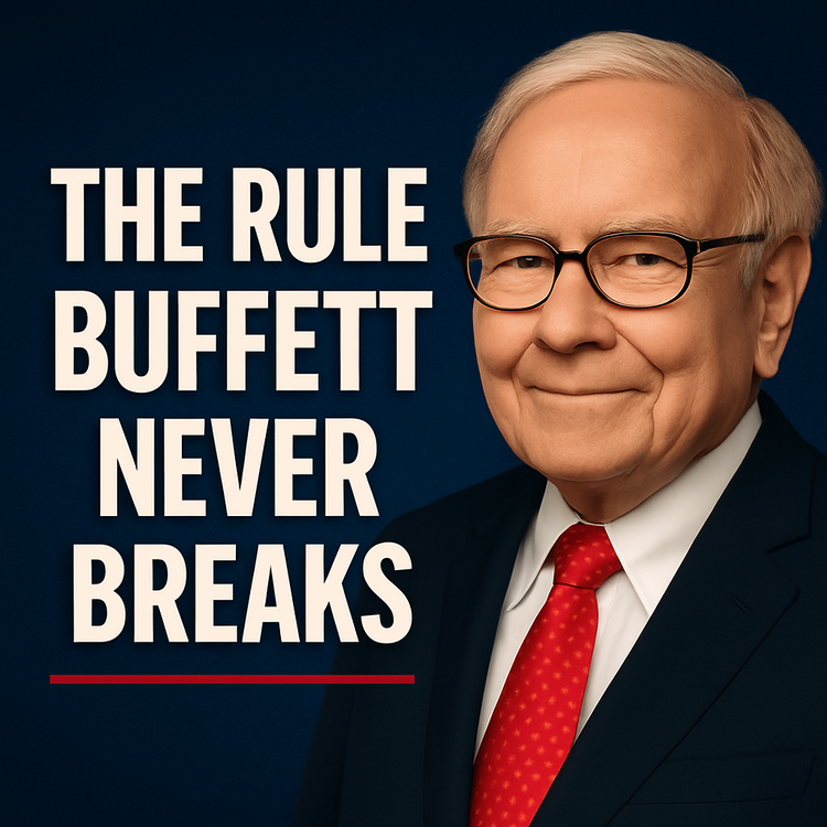 Thumbnail with bold white text reading “The Rule Buffett Never Breaks” on a dark blue background with a subtle stock chart and red underline accent.