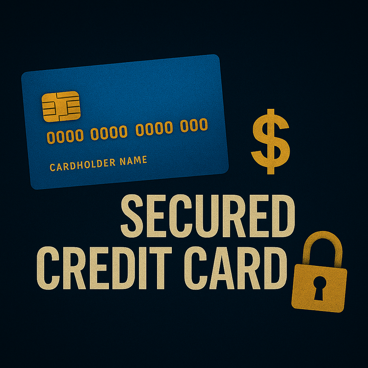 Illustration of a blue credit card with gold chip, padlock, and dollar sign, labeled “Secured Credit Card” on a dark background.