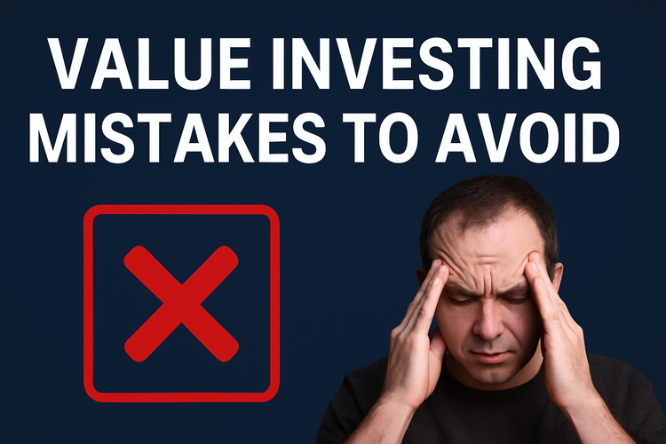 Dark blue thumbnail with bold text reading 'Value Investing Mistakes to Avoid' designed in a professional style.