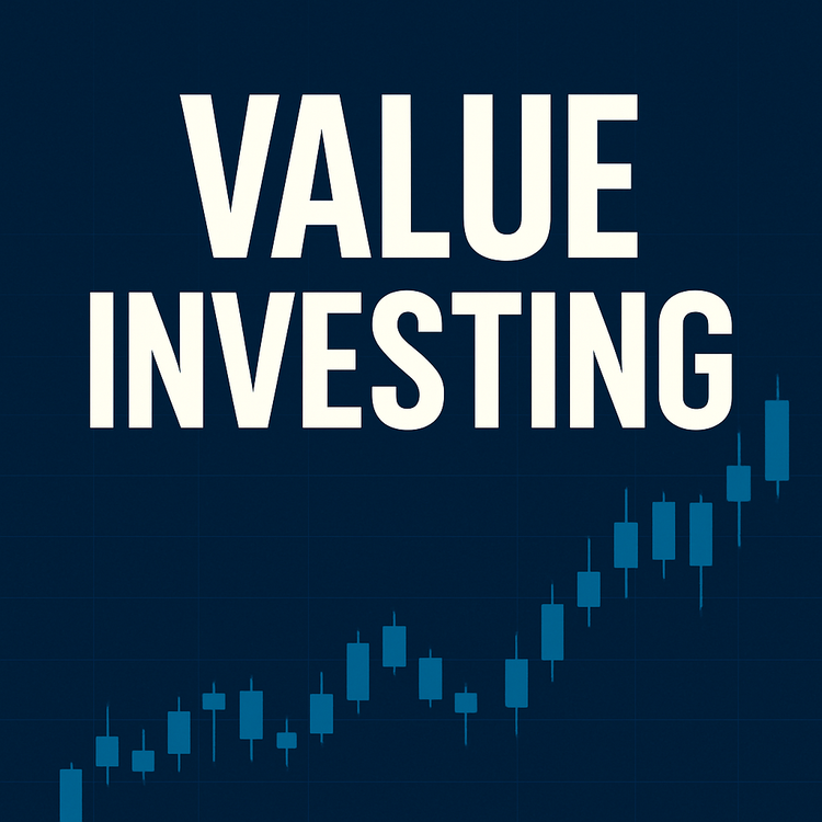 Thumbnail with text “VALUE INVESTING” on a dark navy background with faint candlestick chart and dollar sign.