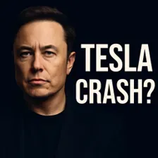 Portrait of a man in a dark background with the text “Tesla Crash?” — representing investor anxiety over Tesla’s valuation and future performance.