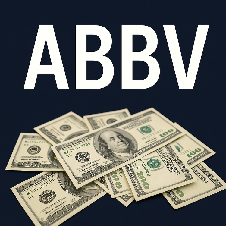 Stack of hundred dollar bills on dark background with ABBV ticker symbol in white text above