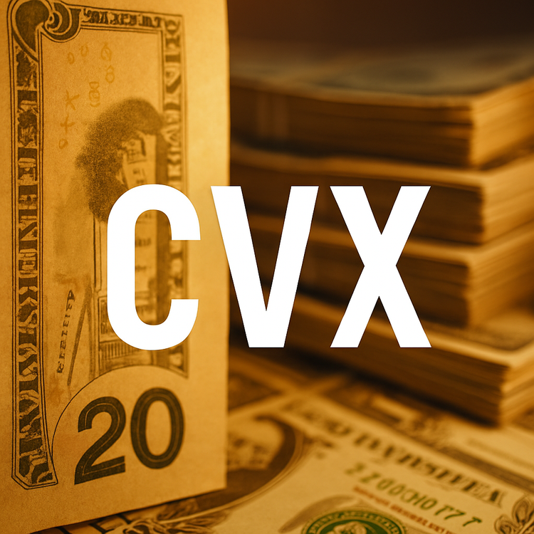 CVX stock ticker overlaid on image of twenty dollar bill and oil barrels, representing Chevron's cash flow generation